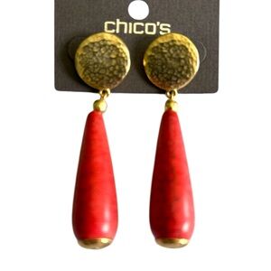 Chico's Gold Tone Pink Red Statement Dangle Post Earrings